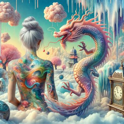 The primary subject of the image is a woman with a tattooed back, standing in a whimsical, fantasy-like setting. She is surrounded by a variety of elements, including a dragon, a clock, and a pink tree. The visual style of the image is digital art, with a vibrant and colorful atmosphere. The woman's tattooed back is a prominent feature, and the overall mood of the image is playful and imaginative.